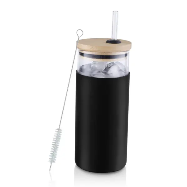 Γυάλινο Ποτήρι με Θήκη Σιλικόνης 550ml & Καπάκι από Μπαμπού - Image 3