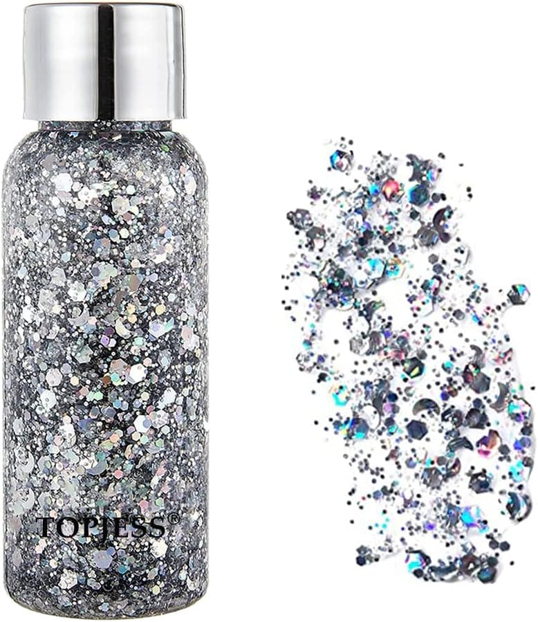 Ασημένιο glitter gel σώματος και προσώπου, ιδανικό για λαμπερό μακιγιάζ και νύχια. Εύκολο στην εφαρμογή, τέλειο για πάρτι, εκδηλώσεις και γιορτές.