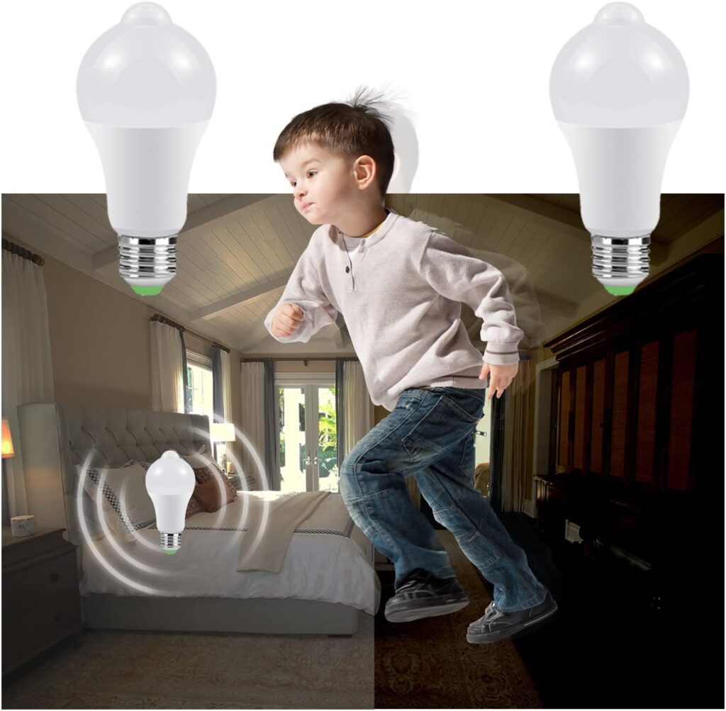 Λάμπα LED E27 με αισθητήρα κίνησης και λυκόφωτος, 6500 K. Ιδανική για εξωτερικούς χώρους, ενεργοποίηση σε χαμηλό φωτισμό, εξοικονόμηση ενέργειας.