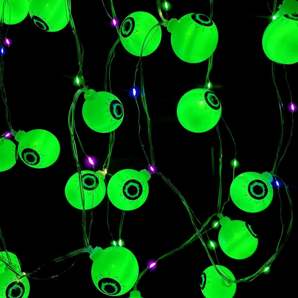 "Φωτάκια διακόσμησης Halloween με μάτια, 3m 20LED, πράσινο χρώμα. Ιδανικά για διακόσμηση εσωτερικού και εξωτερικού χώρου, πάρτι και εορτασμούς Halloween."