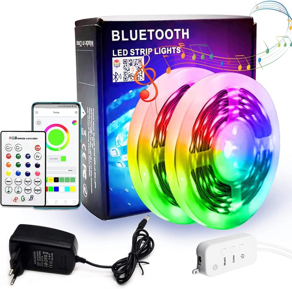 RGB LED ταινία 10m με συγχρονισμό μουσικής, Bluetooth app και λειτουργία στα 12V. Ιδανική για φωτισμό δωματίου, πάρτι και διακόσμηση
