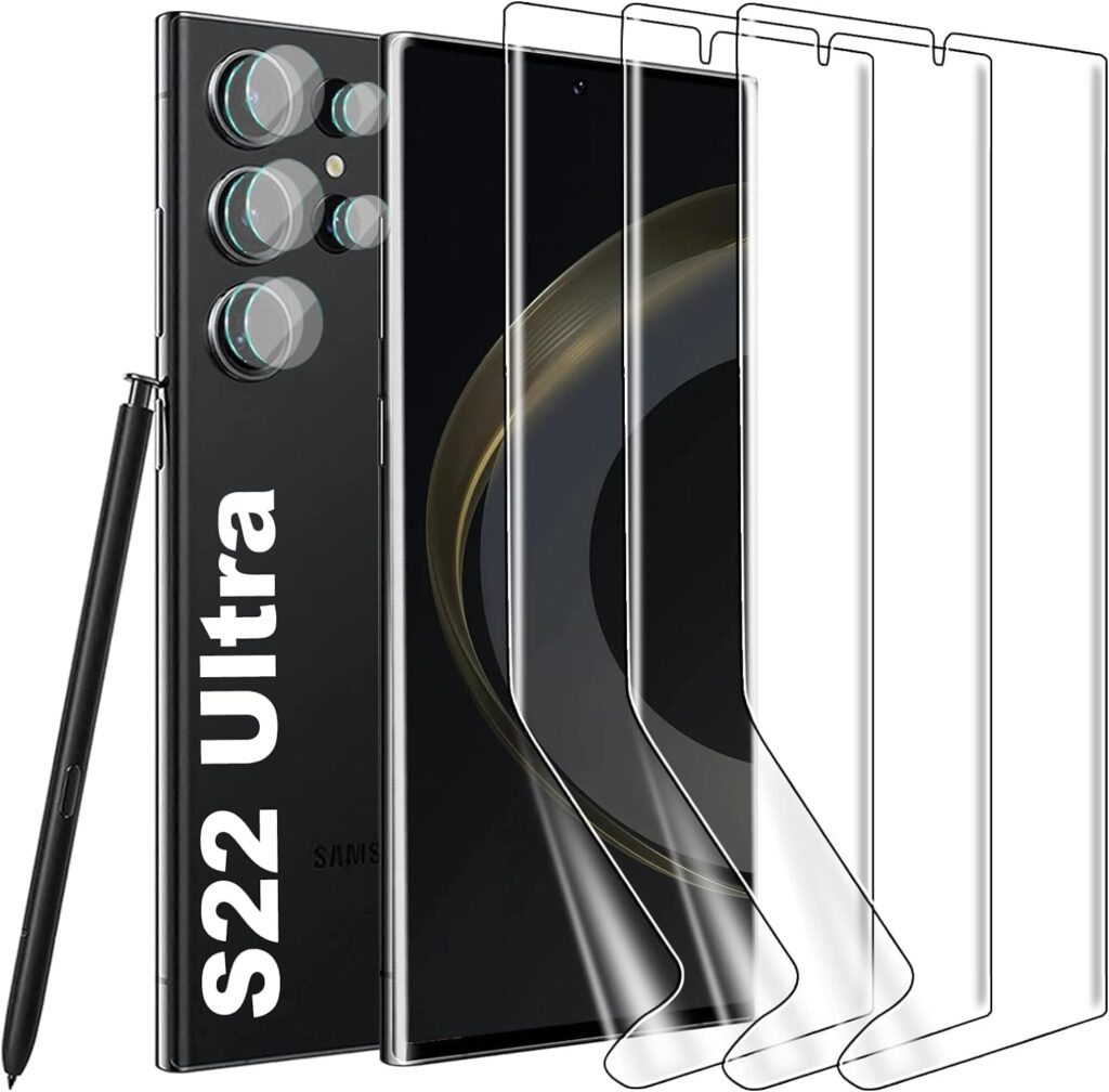 "Προστατεύστε την οθόνη του Samsung Galaxy S22 5G Ultra με αυτό το εύκαμπτο προστατευτικό TPU, που περιλαμβάνει τρία τεμάχια για πλήρη κάλυψη και ασφάλεια."