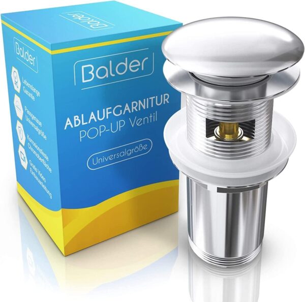 "BALDER βαλβίδα Pop Up για νεροχύτη και νιπτήρα από ορείχαλκο με επίστρωση χρωμίου. Ανθεκτική και πρακτική λύση με δωρεάν στεγανοποιητικούς δακτυλίους."
