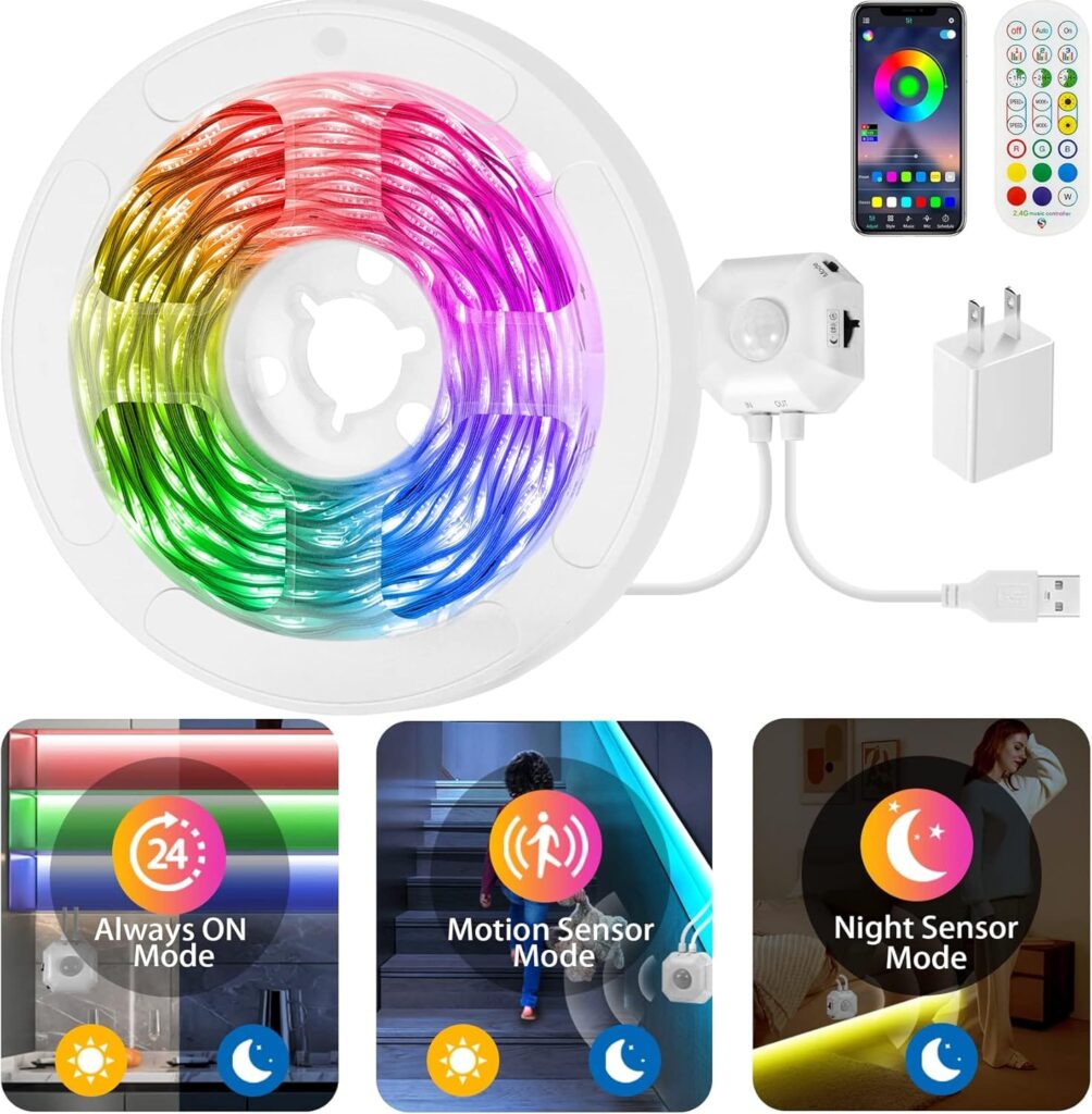 "Αδιάβροχη LED ταινία 3m RGB 5050 με ανιχνευτή κίνησης PIR και USB τροφοδοσία. Ιδανική για υπνοδωμάτιο, διάδρομο, σκάλα και άλλους χώρους."