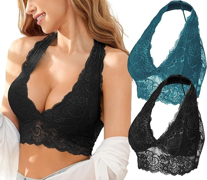 "Κομψό γυναικείο Bralette με δαντέλα, χωρίς Μπανέλα και με επένδυση για άνεση. Σετ 2 τεμαχίων με V-λαιμόκοψη, ιδανικό για καθημερινή χρήση με στυλ."