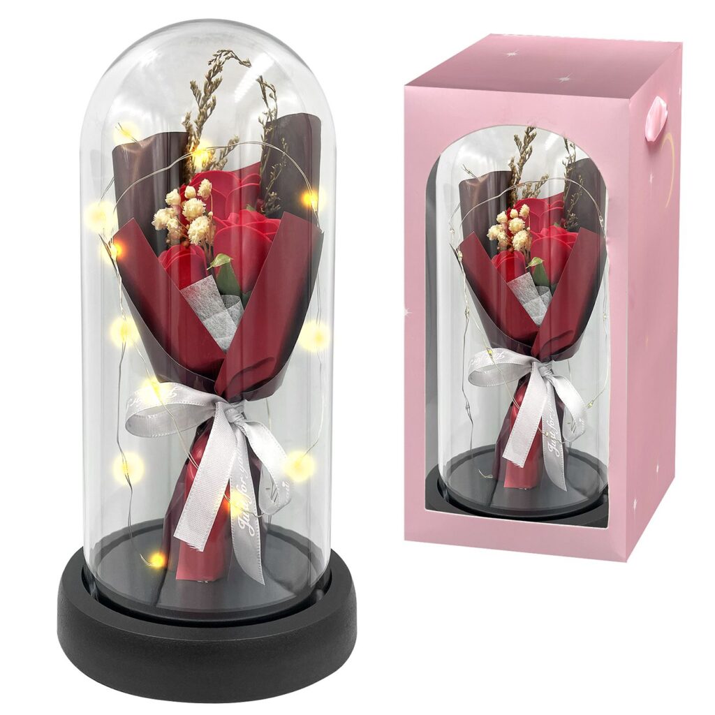 Μπουκέτο λουλουδιών σε γυάλα με φως LED, ιδανικό ρομαντικό δώρο για Άγιο Βαλεντίνο ή επέτειο.