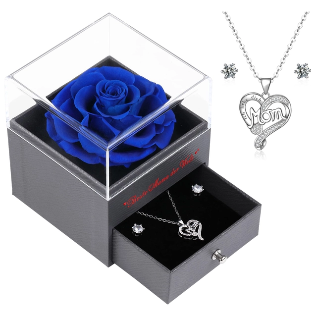 Σετ κοσμημάτων με διατηρημένο τριαντάφυλλο σε κουτί “Best Mom” – κολιέ και σκουλαρίκια δώρο για μαμά.